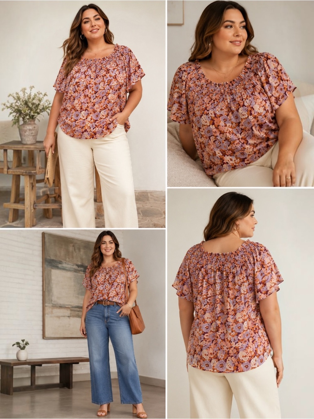 Madewell Plus Square-Neck Smocked Top Dotted Vines Rusted Burgundy Floral 2X